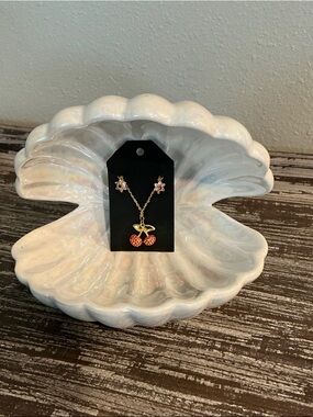 Gold Tone Cherry Pendant Necklace with Flowers & Red Crystal Accents